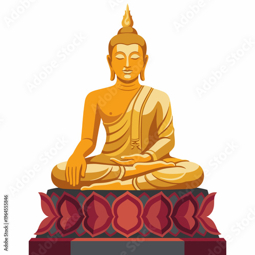 A serene golden Buddha statue sitting in meditation surrounded by colorful lotus leaves symbolizes peace, tranquility, and enlightenment in a contemplative atmosphere.