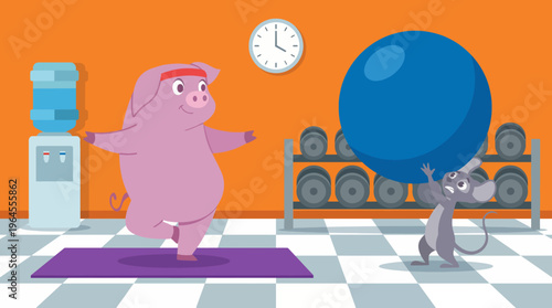 A fun illustration of a pig on a yoga mat and a mouse lifting a large exercise ball in a vibrant gym setting, showcasing playful teamwork and fitness encouragement.