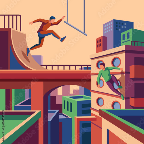 An energetic scene of parkour as a person leaps between colorful urban structures, showcasing a dynamic blend of playfulness and athleticism in a vibrant city.