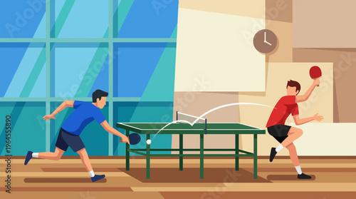 An engaging illustration of a table tennis match featuring two players in action, depicting the intensity and excitement of the sport within an indoor setting.