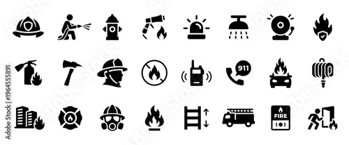 Firefighter black icon set. Fireman, extinguisher and hydrant symbols. Fire hazard, emergency 911 call and fire alarm signs. Smoke, fire exit and sprinkler pictograms. Firefighting equipment glyphs.