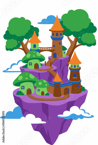 An imaginative illustration depicting a floating island with whimsical treehouses and lush greenery, inviting viewers into a world of fantasy and creativity.
