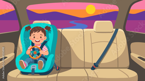 A cheerful child smiles while sitting securely in a car seat during a family road trip, capturing the joy and excitement of travel and exploration.