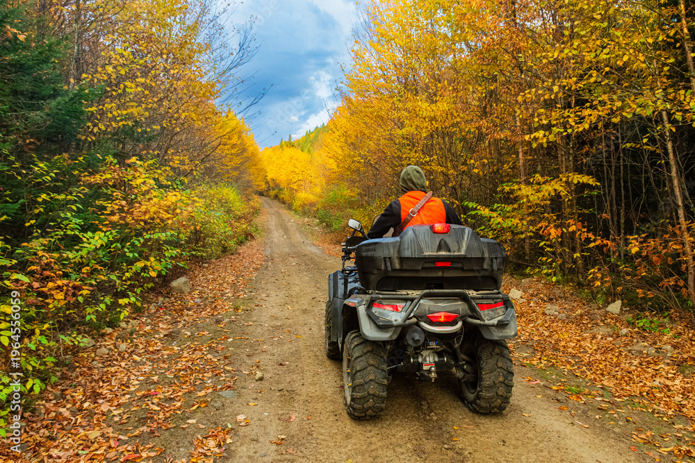 Fototapeta premium Young hunter roaming the forest on a ATV in search of game