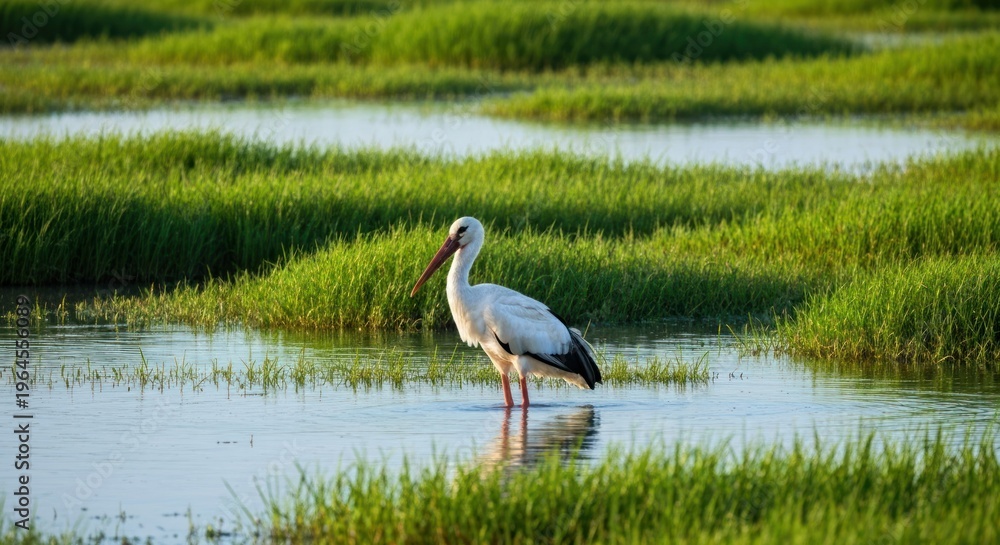 Fototapeta premium White stork in a shallow wetland