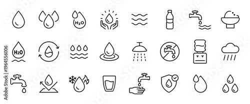 Water line icon set. Drinking symbol. Hydration and H2O sign. Water glass, bottle, cooler, purifier outline pictograms. Water temperature and rainy weather concepts. Pure clean drinkable water.
