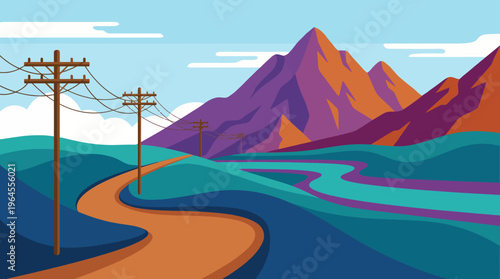A vibrant illustration depicting a serene landscape featuring rolling hills, distant mountains, and a winding river, all complemented by power lines and colorful skies.