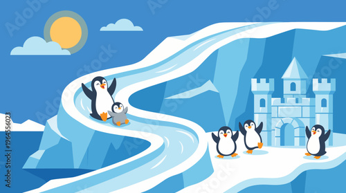 A delightful winter scene depicting playful penguins sliding on icy surfaces alongside a charming castle, capturing the essence of joy and serenity within nature.