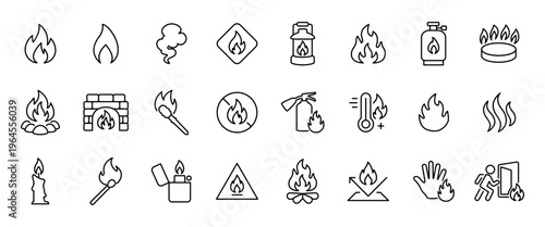 Fire line icon set. Flame, heat, gas and smoke symbols. Flammable danger and fire hazard outline sign. Campfire, bonfire, fireplace, torch, lighter and match pictograms. Fire emergency concepts.