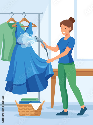A woman carefully steams a blue dress in a bright and airy laundry room, illustrating the joy and care involved in garment maintenance and personal style.