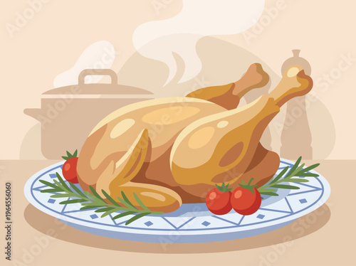 A beautifully roasted turkey sits proudly on a decorative plate, adorned with garnishing herbs and tomatoes, perfect for festive gatherings and hearty family meals.