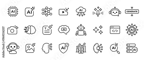 AI icon set. Artificial intelligence line symbol. AI generated video, photo, image, sound and voice signs. Neural network and machine learning outline. AI assistant and chatbot. Generative tool icon.