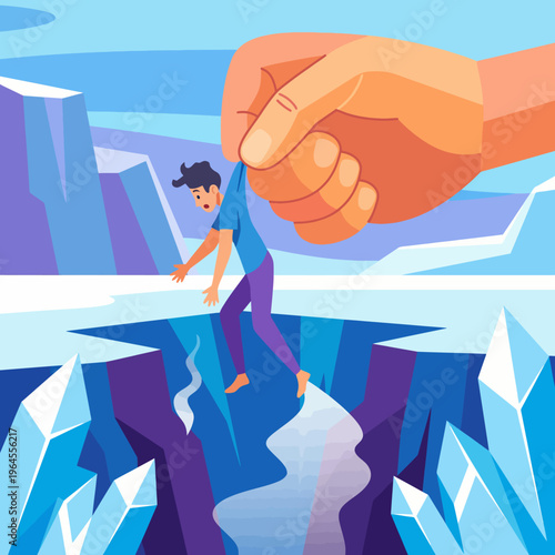 An illustration capturing a moment of anxiety as a person is lifted over a perilous icy crack, visually expressing themes of fear, vulnerability, and helplessness.
