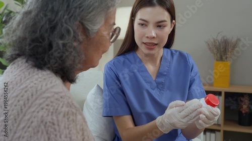 Caregiver elderly care home nurse medicine glove support guide pill use with senior woman on sofa, calm dignity, safe medication routine with water glass in living room