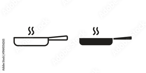 Frying pan icons line and solid version, outline and filled vector design set