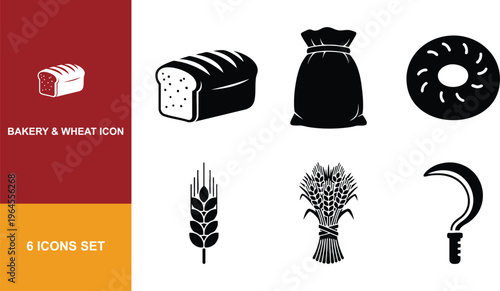 Bakery and wheat icon set vector illustration of bread bag wheat ear and sickle for food industry and agriculture.