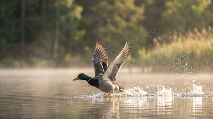 Male mallard duck taking off from water with wings spread wide, golden hour lighting creating dynamic splash, serene forest lake background, nature wildlife photography