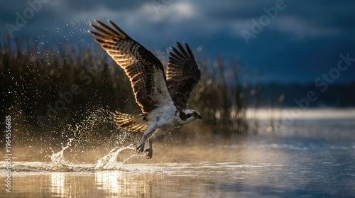 Osprey raptor hunting fish in shallow water with wings spread wide, dynamic action shot capturing splash and golden hour lighting over serene wetland landscape