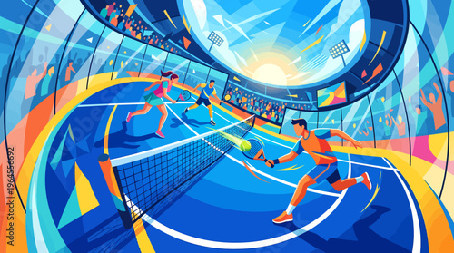Vibrant graphic illustration of a dynamic padel tennis match in a modern stadium with multiple players and spectators.