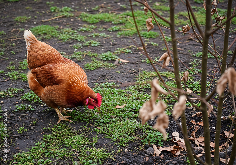 Fototapeta premium A brown hen pecking at the ground in a yard with sparse grass and bare branches