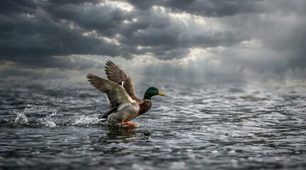 Male mallard duck taking off from water surface with wings spread wide, dynamic action shot during stormy weather with dark clouds and dramatic lighting, nature wildlife photography