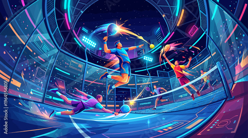 Futuristic neon sports arena with players engaged in a dynamic, high-tech volleyball-like game, vibrant lighting.
