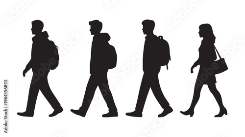 Group of Students People Walking Silhouette Vector