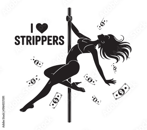 Stripper Pole Dancer with Falling Money Silhouette