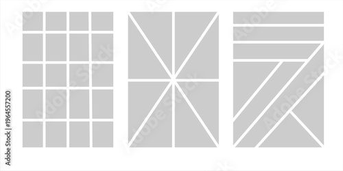 Image collage layout template. Grey mosaic mood board grid collection. Picture frame set. Photo album idea for banner, poster, comic page, flyer, brochure, booklet, memory wall design. Vector pack