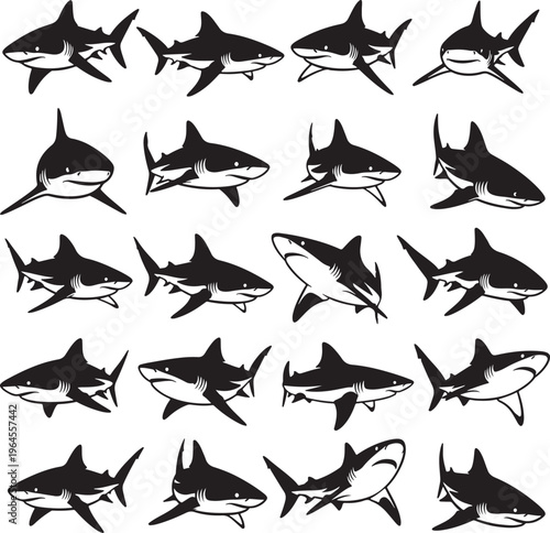 Shark icons, black and white shark illustrations, 20 shark graphics, vector shark designs