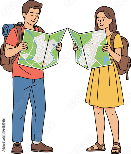 Young traveler couple man and woman with backpacks holding paper maps searching for direction and city locations on summer vacation