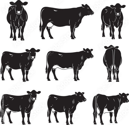 Black cow silhouettes, cattle icons, vector beef animals, farm livestock illustrations, 8 cow graphics