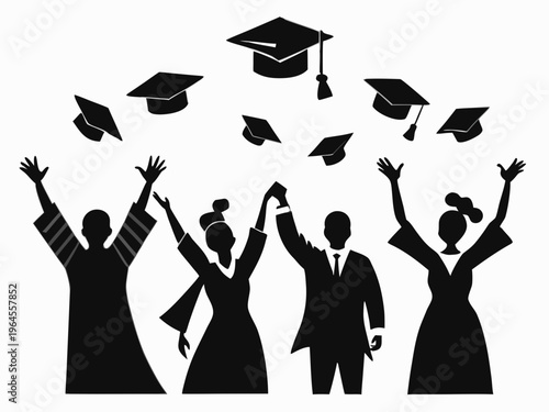 Group of graduates celebrating with raised hands and caps