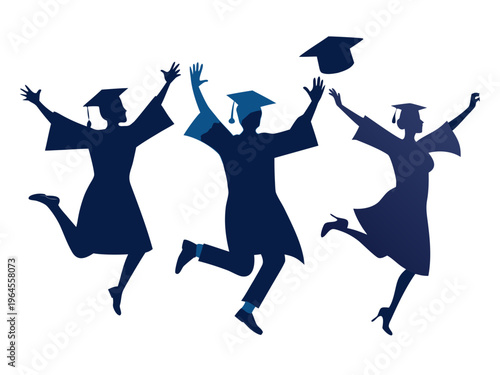 Jubilant graduates celebrating with joyful leaps and mortarboard hats