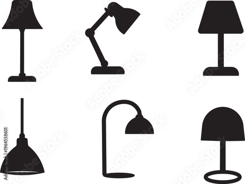 Collection of diverse desk lamp icons .Silhouette collection of various desk and table lamps