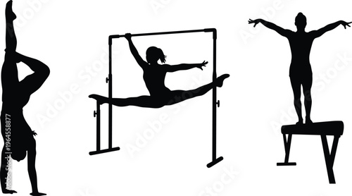Gymnast silhouette vector set, artistic black illustrations, handstand split pommel horse poses, gymnastics sport artwork design, strength and balance symbol, flavector