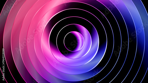 Abstract 3D layered rings, neon gradient pink purple blue, iridescent ribbed glass, concentric circles, futuristic geometric background, glowing holographic texture.