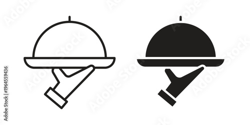 Hand holding tray icons line and solid version, outline and filled vector design set