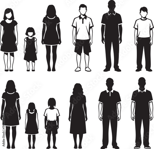 Black silhouette people icons, human figures, family members, diverse group, vector illustrations