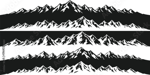 Mountain range silhouette collection, snowy peak landscape, wilderness nature background, alpine travel icon, flat vector illustration, cad drawing, flavector, outdoor.