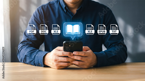 Person using a smartphone with digital document format icons floating above, representing file conversion and management