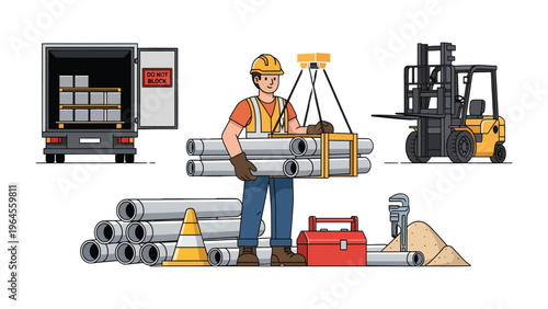 Construction worker and equipment : A construction worker is meticulously managing the tools and equipment needed to get the job done. This depicts meticulous construction work to execute any task.