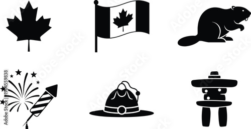 Canadian icons silhouette: maple leaf, flag, beaver, fireworks, santa hat, inukshuk