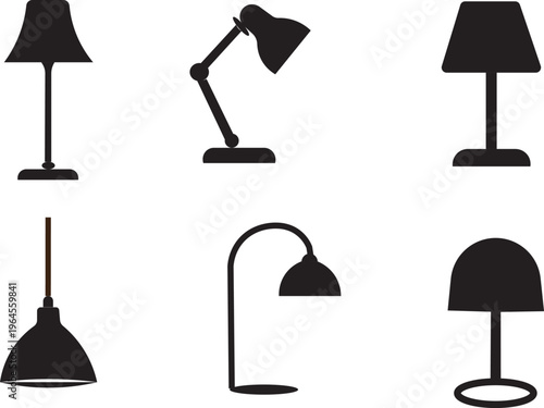 Collection of diverse desk lamp icons .Silhouette collection of various desk and table lamps