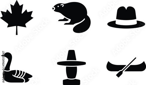 Canadian symbols silhouette: maple leaf, beaver, hat, duck, inukshuk, canoe