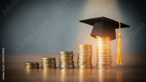 Graduation cap on stacked coins representing education investment return