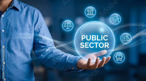 Public sector concept with a person holding a digital sphere with icons representing government services