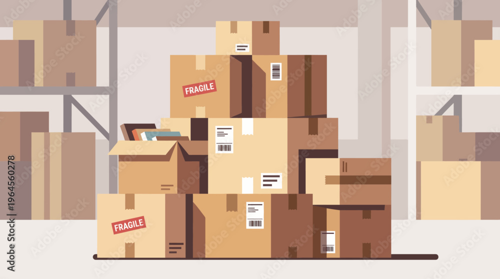 Fototapeta premium A detailed illustration of stacked cardboard boxes, showcasing various labeled packages in a warehouse, representing organization and the logistics of shipping and storage.