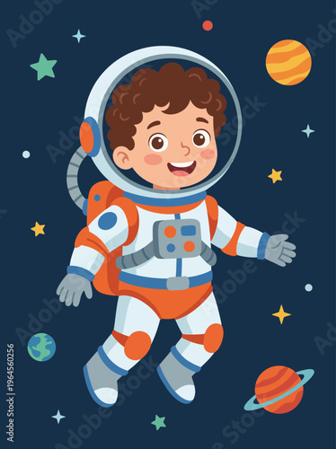 A delightful illustration of a young child dressed as an astronaut, joyfully floating in space among colorful planets and stars, capturing the essence of childhood dreams and imagination.