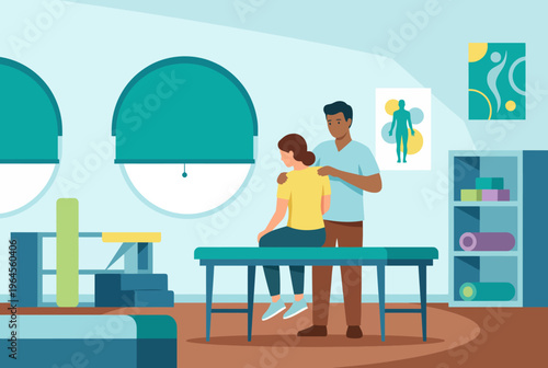 A soothing illustration showing a therapist providing help to a client, emphasizing care, support, and the importance of mental wellness in an inviting therapeutic space.